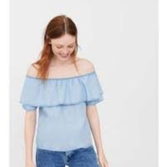 MNG Mango Blouse Off-the-shoulder Chambray Tiered Ruffle Short Sleeve Jean  XS - Picture 3 of 14